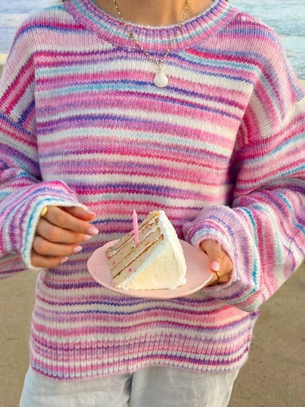 Multicolor Casual Women's Striped Space Dye Drop Shoulder Pullovers